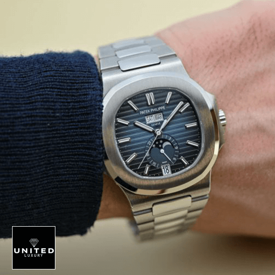 Patek Philippe 5726 Replica 6 Patek Philippe Geneve Moon Steel Bracelet Replica on the man wrist